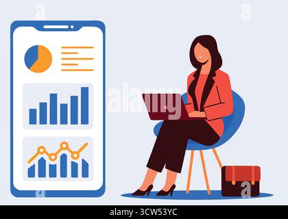 An empowered businesswoman analyzing data on her laptop while referencing a bright smartphone dashboard symbolizing smart and confident business decis Stock Vector