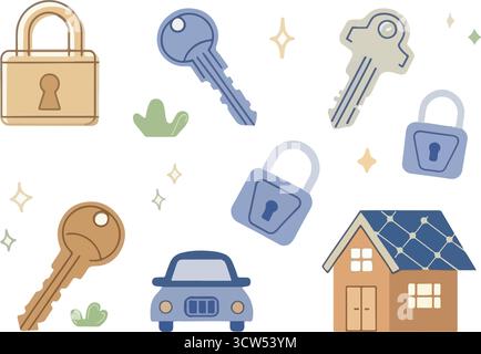 Securing our tomorrows — keys symbolizing protection for home, car, and personal safety illustrated, modern design elements on a bright background. Stock Vector