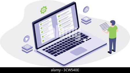 Developer reviewing a checklist on a large laptop, strategizing data integration and showcasing workflow management in clean vector style. Stock Vector