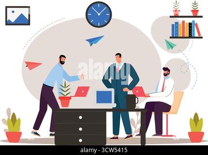 Dynamic team brainstorming creative ideas and launching paper planes in a modern office, illustrated in vivid colors and detailed flat vector style. Stock Vector