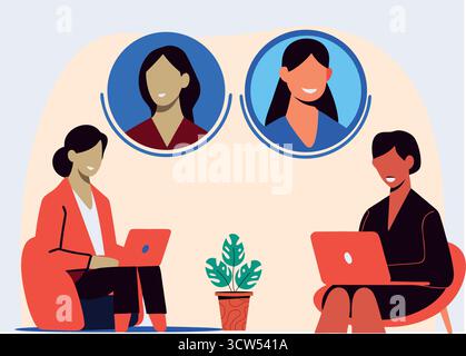 Empowering women connecting through virtual meetings to foster collaboration with laptops and avatars on a bright, clean background. Stock Vector