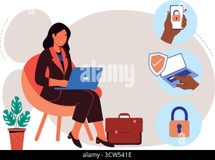 An empowered businesswoman ensuring digital security with her blue laptop while working remotely depicted in a soft, modern flat vector graphic style. Stock Vector