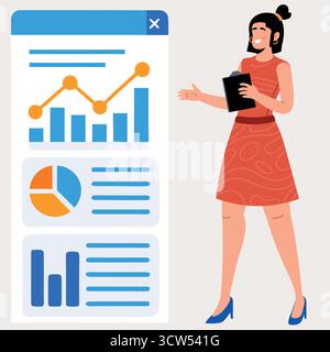 A confident businesswoman presenting positive data and growth trends from an app interface in a cheerful, clean vector style. Stock Vector