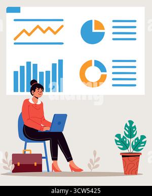 A focused professional analyzing business data trends, leveraging insights with her laptop to promote growth in a clean, modern vector style. Stock Vector