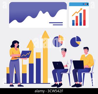 Empowered team analyzing data-driven growth, tracking marketing trends and financial insights in a dynamic, modern corporate setting. Stock Vector