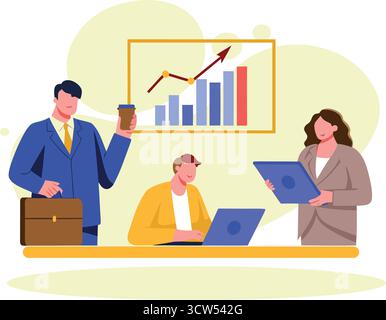 Three professionals collaborate on a business strategy celebrating company growth in a modern office with bright flat illustration style. Stock Vector