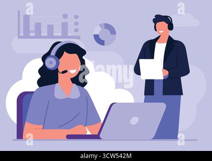 Empowering teamwork — a smiling woman and supportive man collaborating during virtual meetings, showcasing professional harmony and connection in a cl Stock Vector