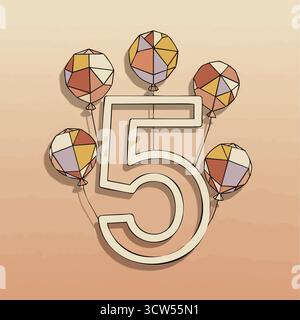 Number five with colorful balloons illustration Stock Vector