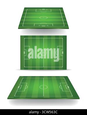 Soccer Field Set, Vector Illustration. Soccer Field Top View, Soccer Field Isometric and Perspective Football Pitch Layout, Green Stadium Board Stock Vector