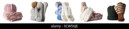 Collage of knitted hats with mittens on white background Stock Photo