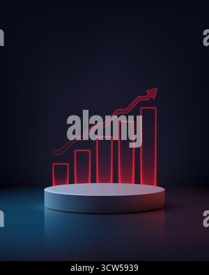 glowing circular pedestal illuminated by red neon line and bar chart rising upward in a dark studio visualizing financial growth business success and Stock Vector