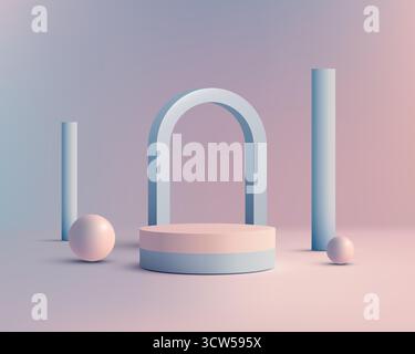 3d minimalist pastel scene featuring a soft pink and blue product display pedestal framed by arch and spheres in a serene gradient background for prod Stock Vector