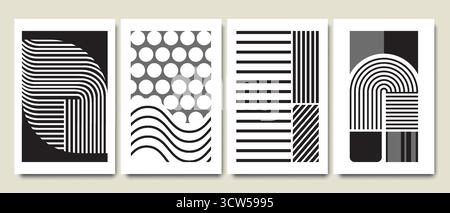Bauhaus black cover collection with geometric patterns and minimalist compositions. Curved lines, circular dots and horizontal stripes with vertical elements for contemporary modernist banner. Stock Vector