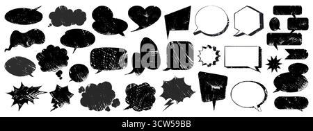 Crayon speech bubble set with rough hand drawn texture in black and white. Ovals and clouds, hearts and arrows, explosions and rectangular shapes frames for comic book or messaging graphics. Stock Vector