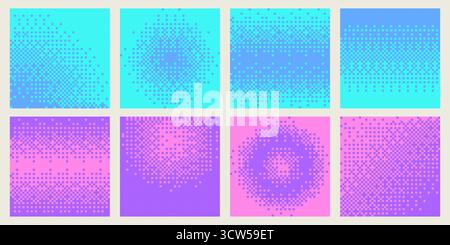 Pixel gradient gradation backgrounds in vibrant cyan and blue, purple and pink colors with square dotted halftone patterns. Abstract digital textures with modern checkered transition effects. Stock Vector