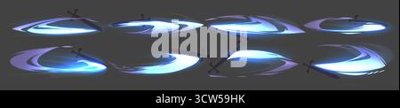 Effect set with futuristic attack slash animations in glowing blue and purple gradient colors. Dynamic motion trails from various angles on dark background for game combat visuals interface elements. Stock Vector