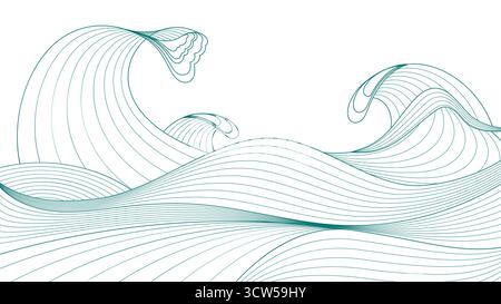 Japanese ocean waves pattern on white background. Vector illustration of oriental line art ornament, elegant wallpaper with storm splashes, asian style banner design with abstract green doodle texture Stock Vector