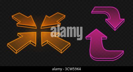 Neon UI arrow designs with orange multidirectional cross and pink curved pointers for game interface or app navigation. Glowing directional symbols with 3d outline effect on dark background. Stock Vector