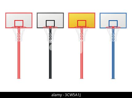 Basketball Hoop Set With Color Backboards, Vector Illustration. Indoor and Outdoor Basketball Hoop Collection. Adjustable Pole Basketball Hoop Stock Vector