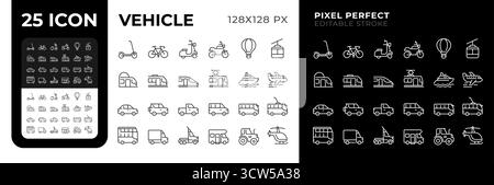 Vehicles pixel perfect black and white line icons set Stock Vector
