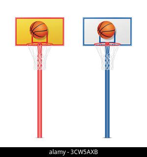 Basketball Hoop Backboard with Ball, Vector Illustration. Basketball Hoop Goal Pair, Red And Blue. Outdoor and Indoor Court Equipment. Basketball Hoop Stock Vector