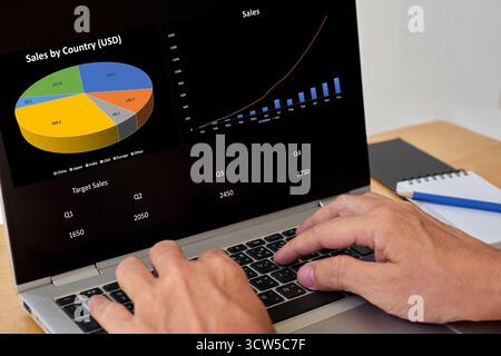 A professional analyzing a business intelligence (BI) dashboard on a laptop screen, showing sales by country, growth charts, and quarterly targets. Stock Photo