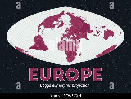 Europe. World map. Boggs eumorphic projection centered on Europe. Pale Mint Dark Pink palette. Vintage texture. Authentic vector illustration. Stock Vector