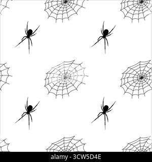 Decorative pattern featuring spiders and webs in black and white for Halloween design Stock Vector