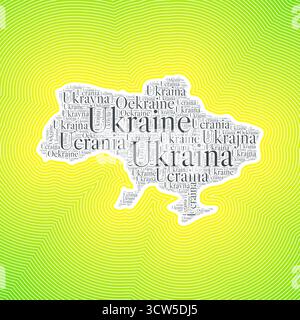 Ukraine shape formed by country name in multiple languages. Ukraine border on stylish striped gradient background. Vibrant poster. Stock Vector