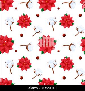 A seamless festive pattern featuring bright red poinsettia flowers and fluffy white cotton branches with scattered red berries on a white background. Stock Vector