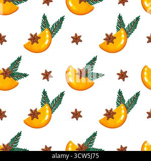 Seamless festive pattern with juicy orange slices, star anise and evergreen sprigs on a clean white background. Ideal for cozy winter greeting cards, Stock Vector