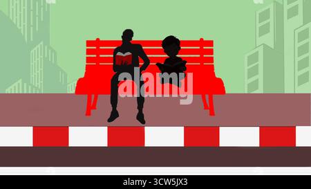 book, reading, two people read, public, street, street book reading, building, red chair; togetherness, brotherhood, public reading Stock Vector