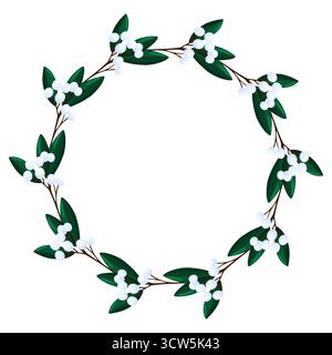 An elegant circular wreath made of green mistletoe branches with glossy white berries on a white background, perfect for adding text or images to holi Stock Vector