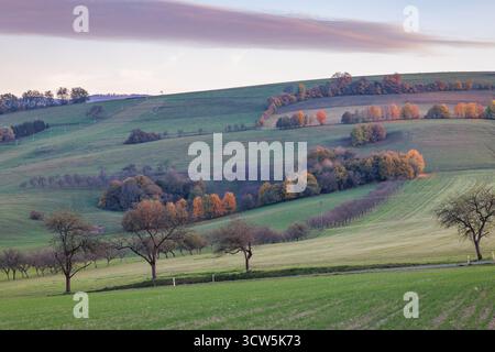 Rolling hills covered in grass and trees during the transition between summer and fall under a colorful sky at sunset. Moravia region of Czech Republi Stock Photo