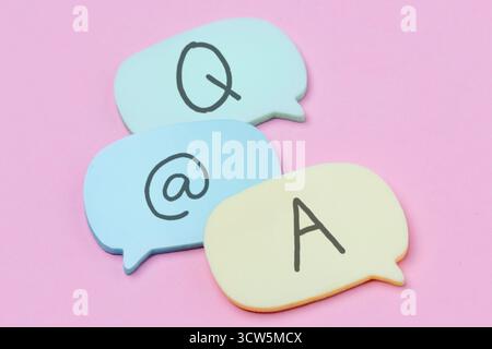 Colorful speech bubbles with the letters Q and A. Question and Answer sessions, social media interaction, support, and online communication. Stock Photo