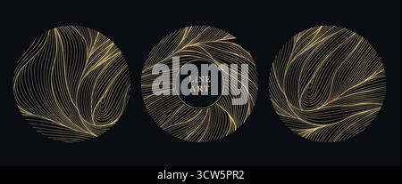 Elegant circular floral logos, golden line art leaves, vector ornaments, luxury organic emblems. Spa or florist branding, wedding monograms, beauty Stock Vector