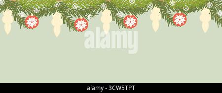 Christmas banner with fir tree branches, frame of New Years tree toys and decorations, empty space for insertion. Vector illustration Stock Vector