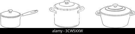 A slim banner of kitchen pots in outline shows a small pan a tall pot and a wide handled casserole for cooking themes Stock Vector