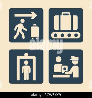 A grid of pictograms guides travelers to baggage pickup security checkpoint and immigration using bold shapes and arrows Stock Vector