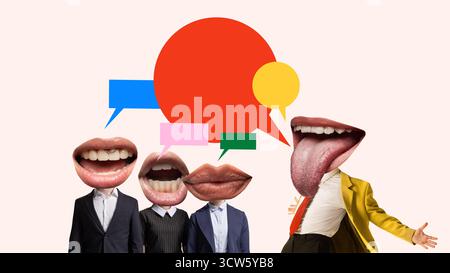 Expressive mouths speaking in colorful speech bubbles collage Stock Photo