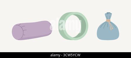 Minimal flat illustration of three soft items including a lavender bolster cushion a pale green circular ring and a blue drawstring sachet arranged on Stock Vector