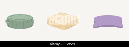 Flat vector artwork showing a round green pet bed a beige wavy textured mat and a small purple pillow placed side by side on a light backdrop Stock Vector