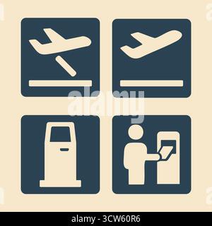 A second panel of aviation symbols showing aircraft taking off a self service kiosk and a passenger presenting documents Stock Vector