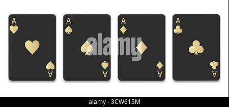 Poker card dark with metallic gold symbols, set playing cards. Four black aces suits collection. spade, heart, club, and diamond. Elegant playing cards. Luxury casino game design element. Vector illustration Stock Vector