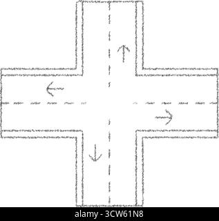 A black and white traffic plan showing a four way junction with turn arrows and lane markings for driver guidance Stock Vector