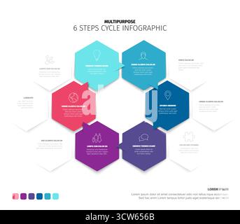 6-steps cycle infographic template is presented with a clean design. This hexagonal cycle infographic provides six distinct steps for various presenta Stock Vector