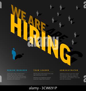 An isometric Banner or Social Media Status Template displaying "We Are Hiring" in bold, yellow letters, surrounded by a crowd of people icons. Stock Vector