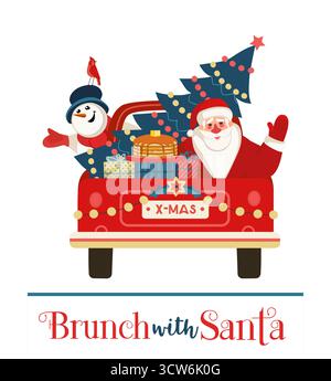 Brunch with Santa Festive Holiday comic vector poster. Santa deliver pancakes by red truck. Funny breakfast Christmas kids enjoy. New Year eve fest Stock Vector