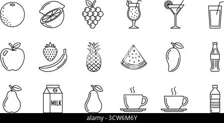 Collection of various fruit and drink icons, showcasing a variety of refreshing and healthy options Stock Vector