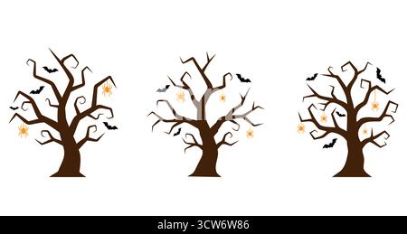 Colored spooky trees with spiders and bats. Tree icons isolated on white background. Stock Vector